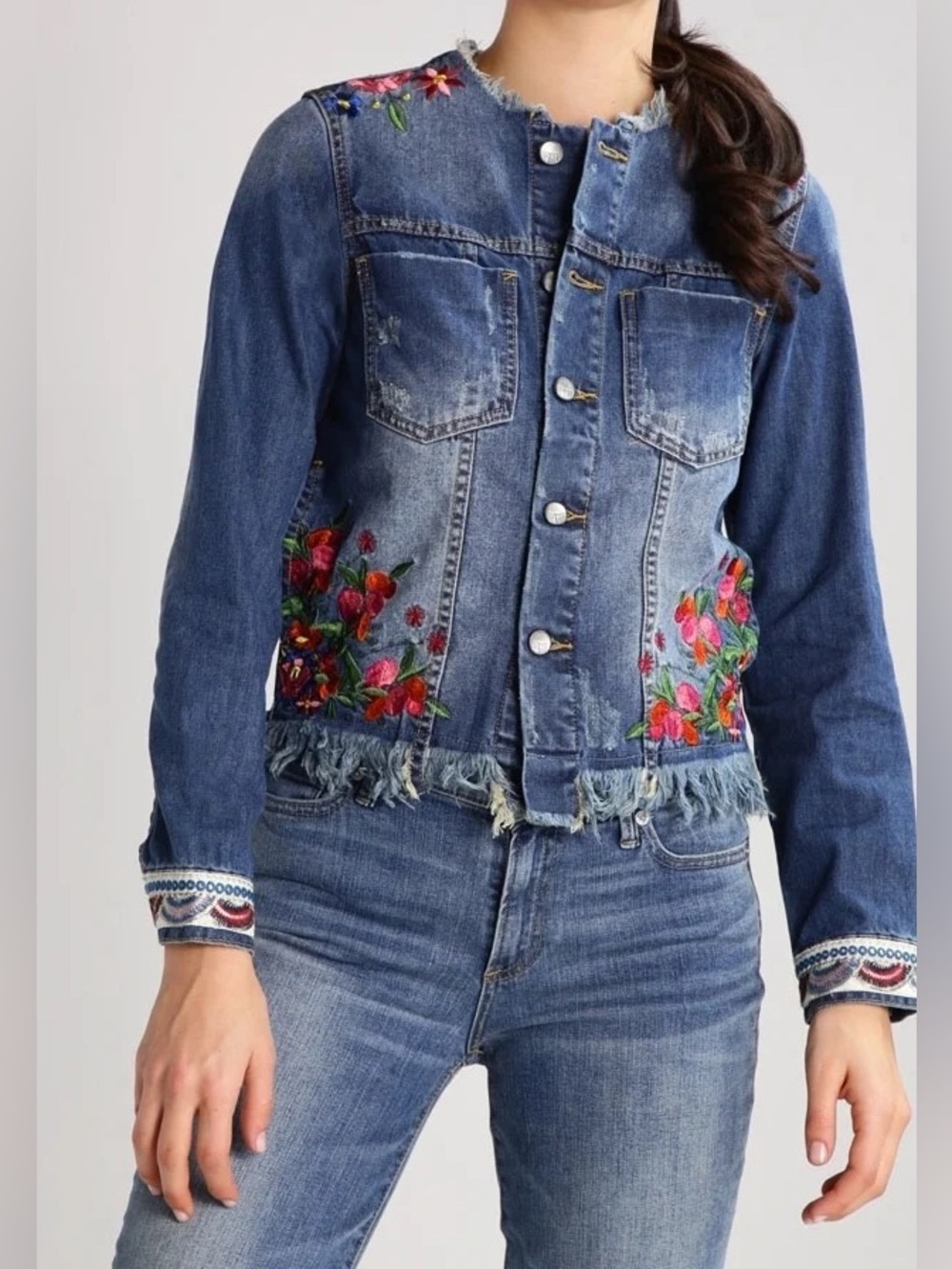 Desigual Blue and Pink Floral Embroidered Jean Jacketsize  ptp is 19 inches